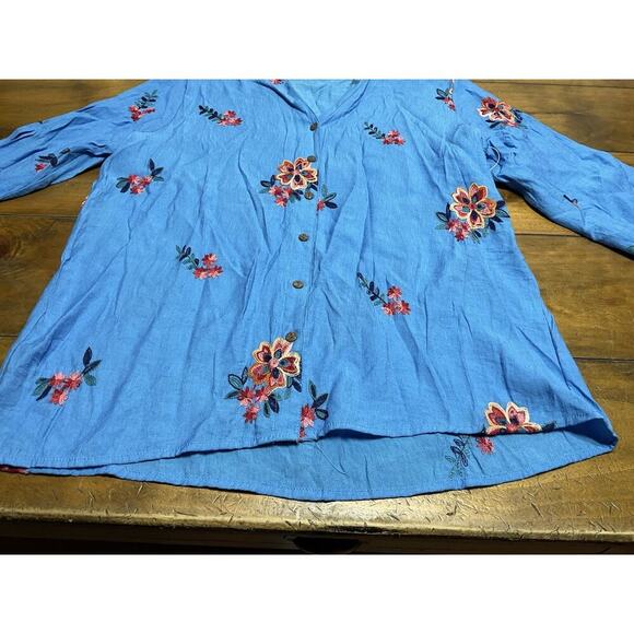 Anthropologie Kindred 1X Blouse Blue Embroidered Boho Peasant - Picture 2 of 10